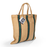 Turtle Bags eco-friendly green and black striped short handle tote bag on a white background