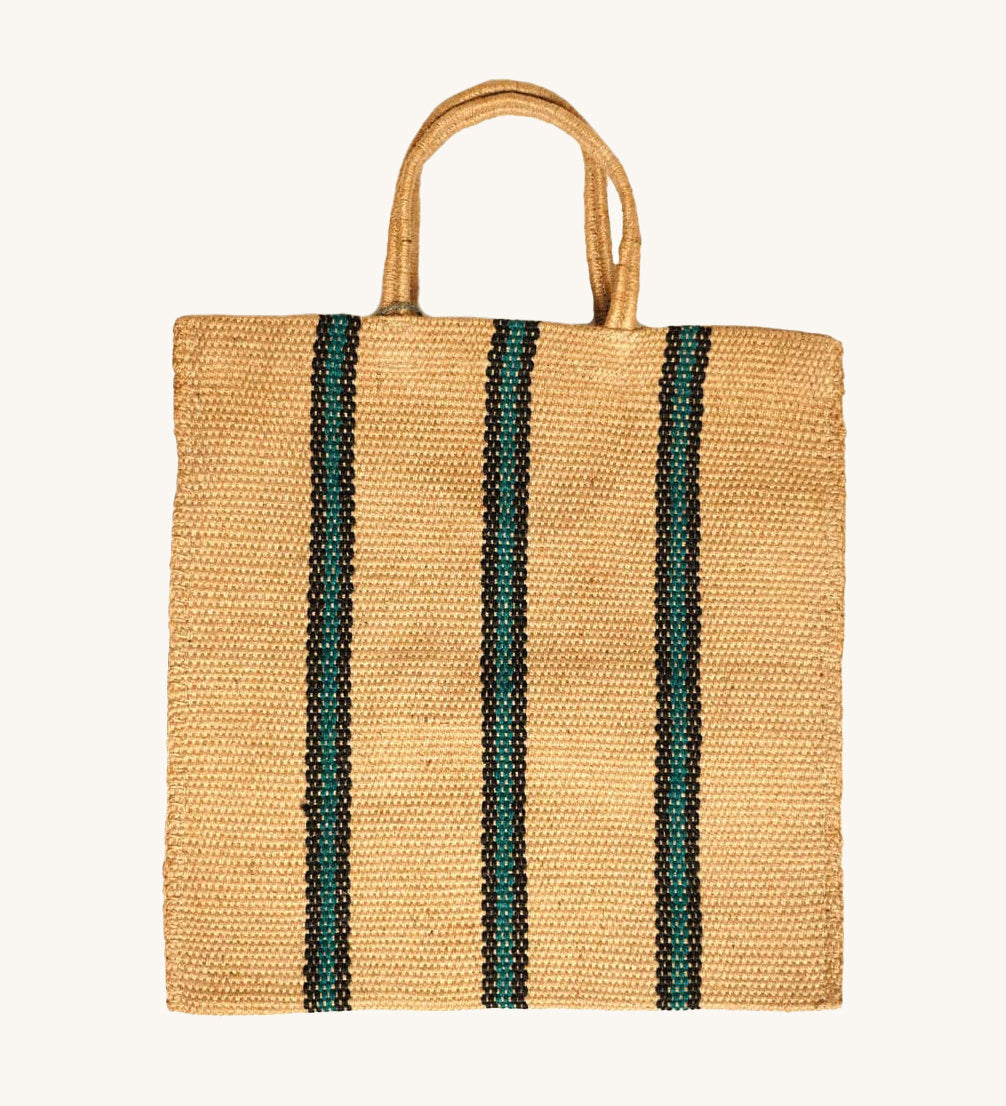 The Turtle Bags hand woven jute tote bag in a green and black stripe design