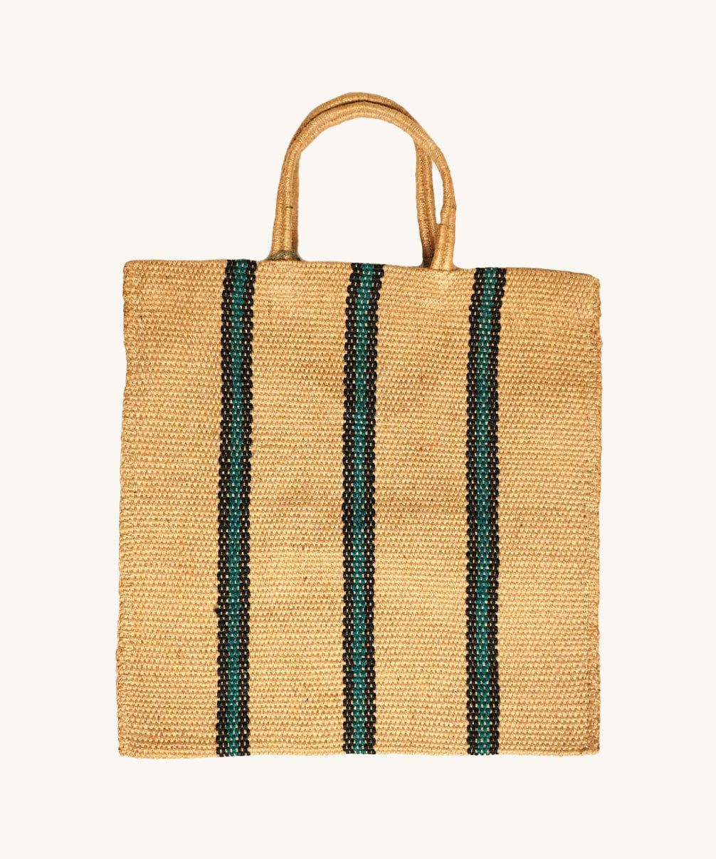 The Turtle Bags hand woven jute tote bag in a green and black stripe design