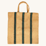 The Turtle Bags hand woven jute tote bag in a green and black stripe design