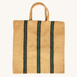 The Turtle Bags hand woven jute tote bag in a green and black stripe design