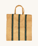 The Turtle Bags hand woven jute tote bag in a green and black stripe design
