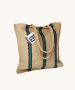 The Turtle Bags hand woven stripey jute tote shopping bag in a green stripe design with a long handle