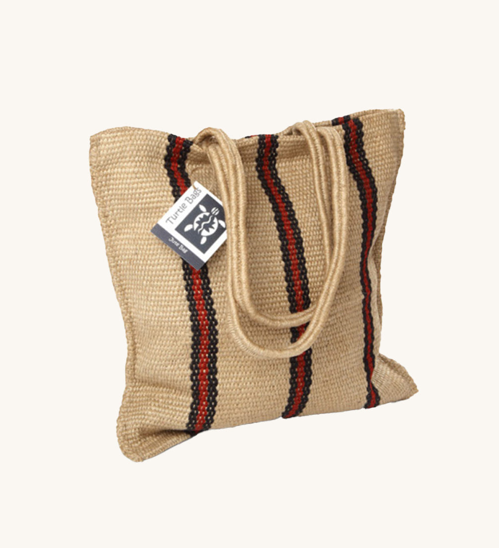 The Turtle Bags hand woven stripey jute tote shopping bag in a red stripe design with a long handle