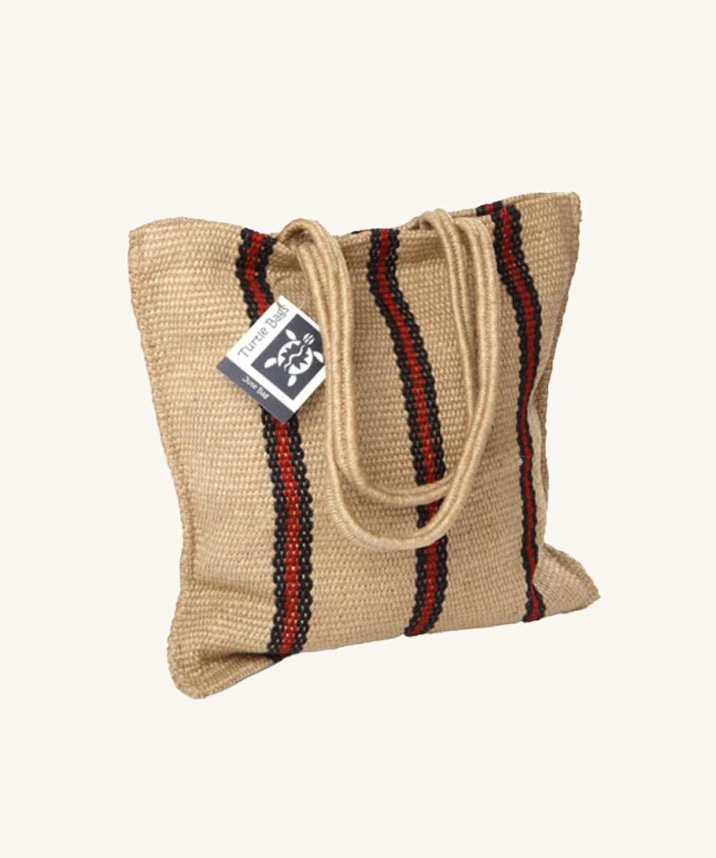The Turtle Bags hand woven stripey jute tote shopping bag in a red stripe design with a long handle