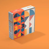 Box of Uncle Goose children's Waldorf mod pattern toy blocks on an orange background