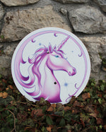 Vah Arabella Unicorn Wooden Shield pictured outdoors leaning against a stone built wall