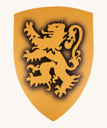 Vah Yellow Lion Large Wooden Shield. A large wooden shield in yellow with a black outline of a lion on the front.