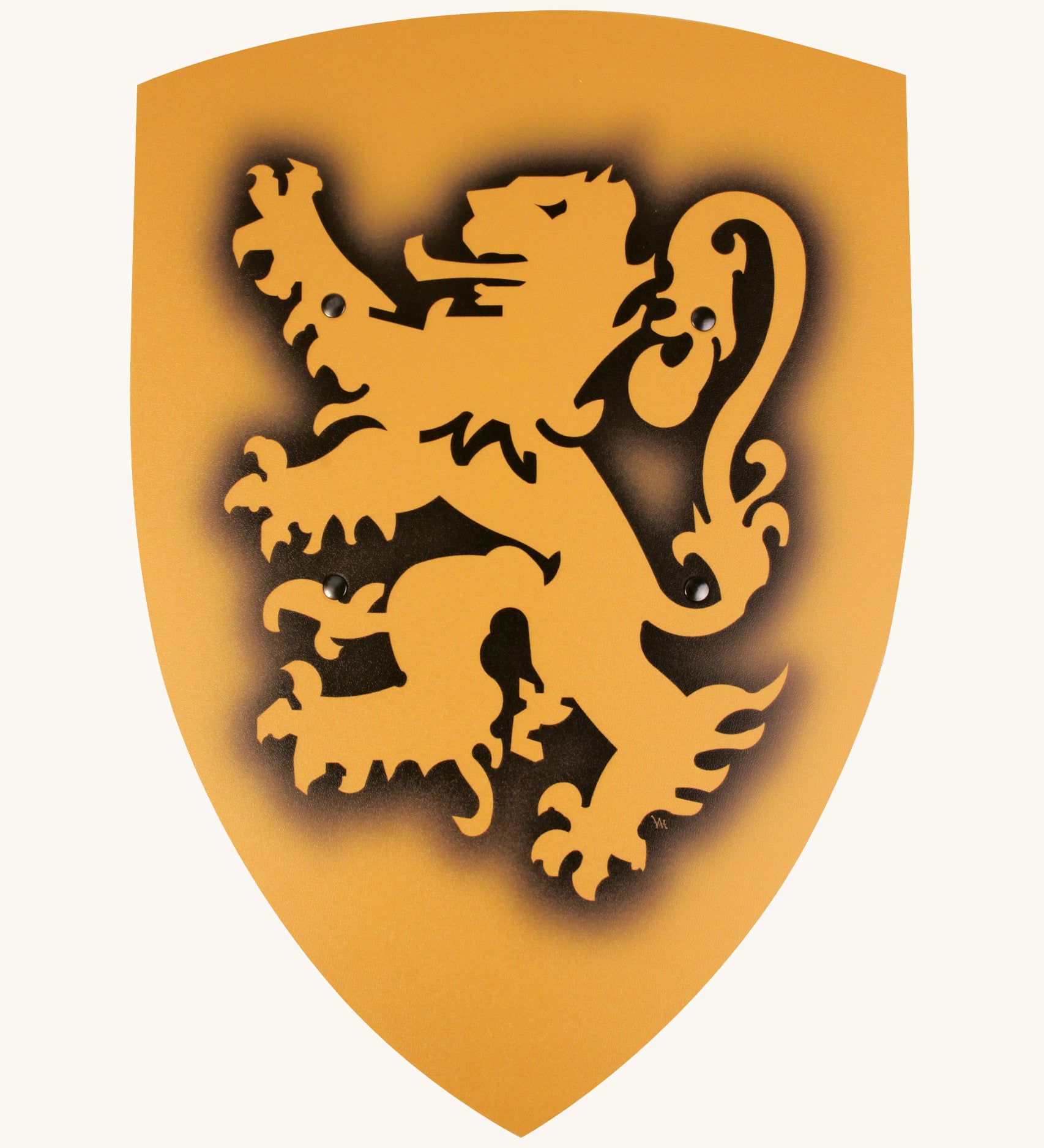 Vah Yellow Lion Large Wooden Shield. A large wooden shield in yellow with a black outline of a lion on the front.