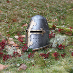 Vah Crusader Helmet pictured on the grass behind a branch with red berries
