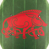 VAH green wooden curved shield showing a close up of a large Celtic warthog design in red on the front 