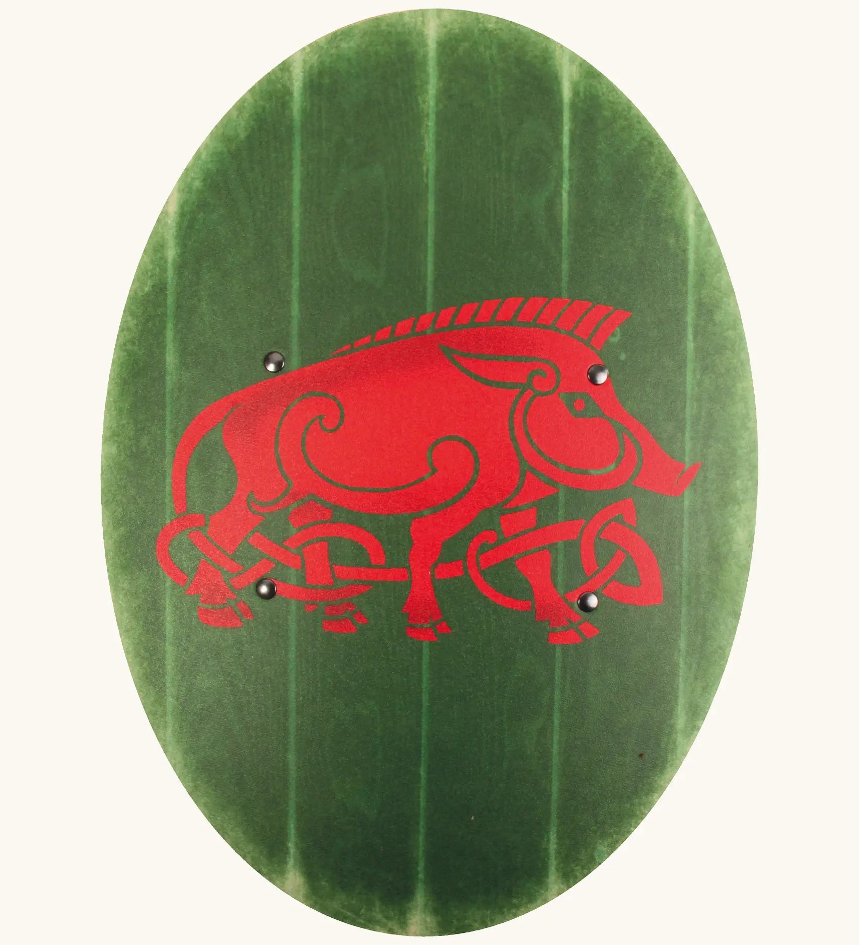 VAH wooden curved shield in green with a Celtic warthog design on the front