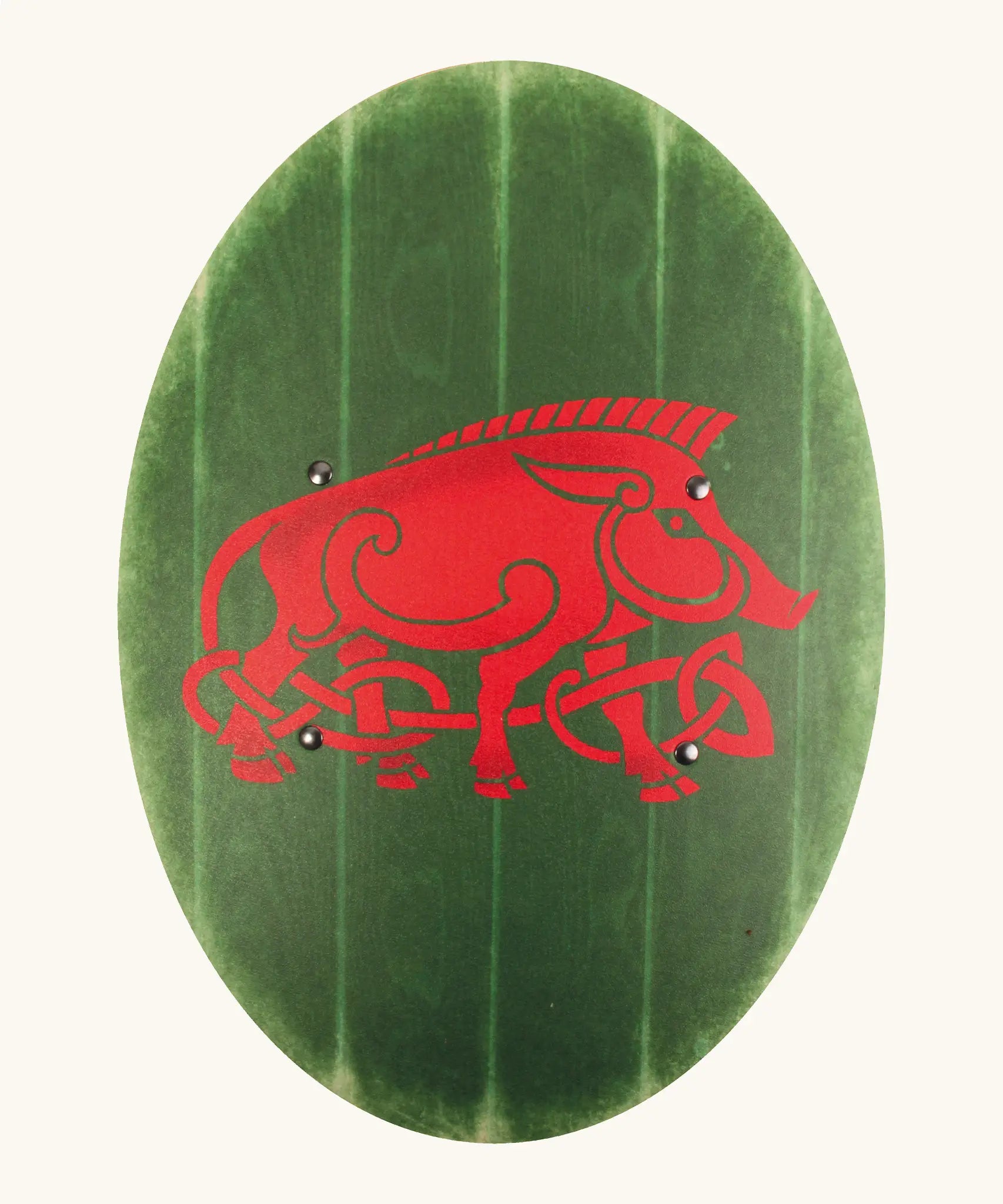 VAH wooden curved shield in green with a Celtic warthog design on the front