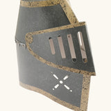 VAH knight helmet in grey with brown trim showing metal rivets and movable visor with ventilation holes