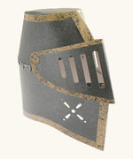 VAH knight helmet in grey with brown trim showing metal rivets and movable visor with ventilation holes