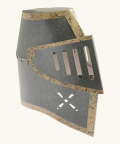 VAH knight helmet in grey with brown trim showing metal rivets and movable visor with ventilation holes