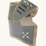 VAH cardboard knights helmet in grey with brown trim showing front visor open