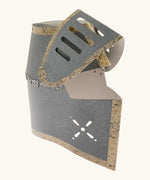VAH cardboard knights helmet in grey with brown trim showing front visor open