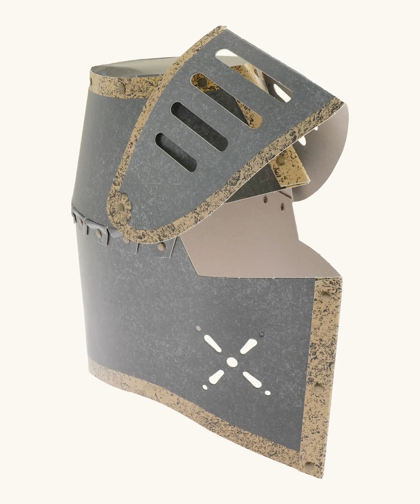 VAH cardboard knights helmet in grey with brown trim showing front visor open