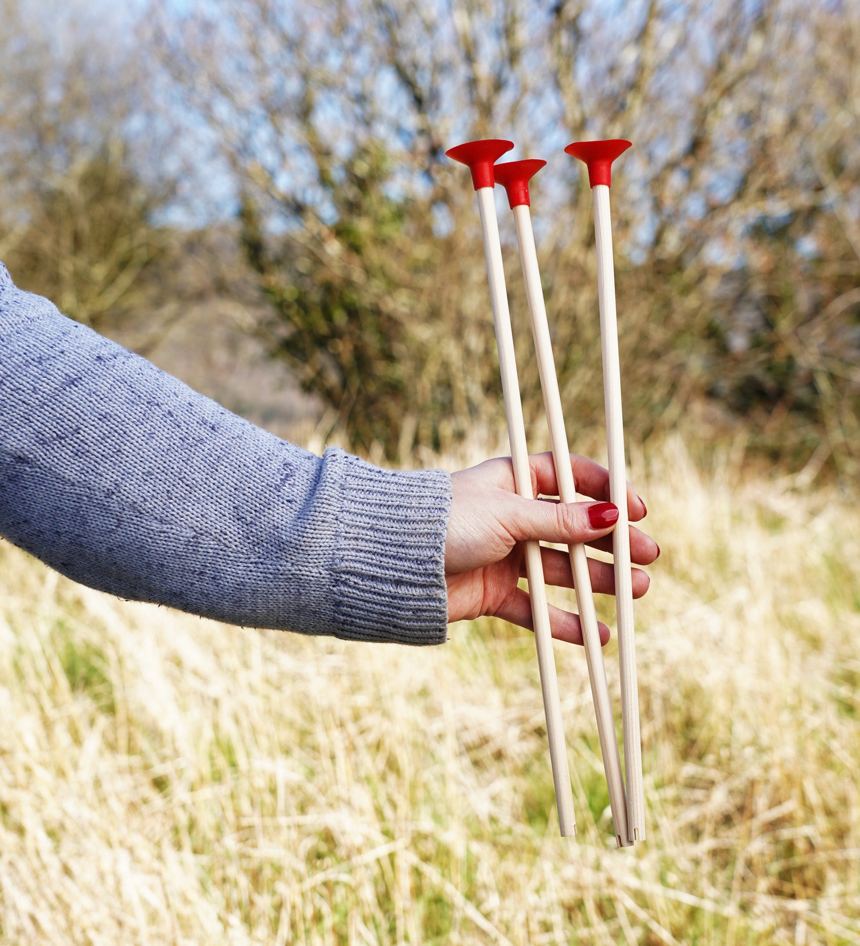 An adult holding up three red tipped safety arrows in their hand. 