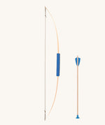 Vah Wooden Sir Parceval Play Bow with Safety Arrows. The bow has a blue coloured grip pictured next to one of the arrows which has a blue coloured tip and a felt flight.
