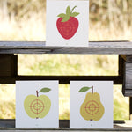 Vah Wooden Fruit Target Trio for Safety Arrows. One target has a strawberry, one has an apple and the third has a pear. 