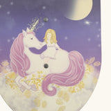 illustration of a white unicorn on clouds with a girl on top under a starry night for the Vah wooden Luna shield