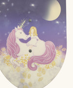 illustration of a white unicorn on clouds with a girl on top under a starry night for the Vah wooden Luna shield
