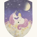 Vah wooden Luna curved shield showing a white unicorn on clouds with a girl on top under a starry night