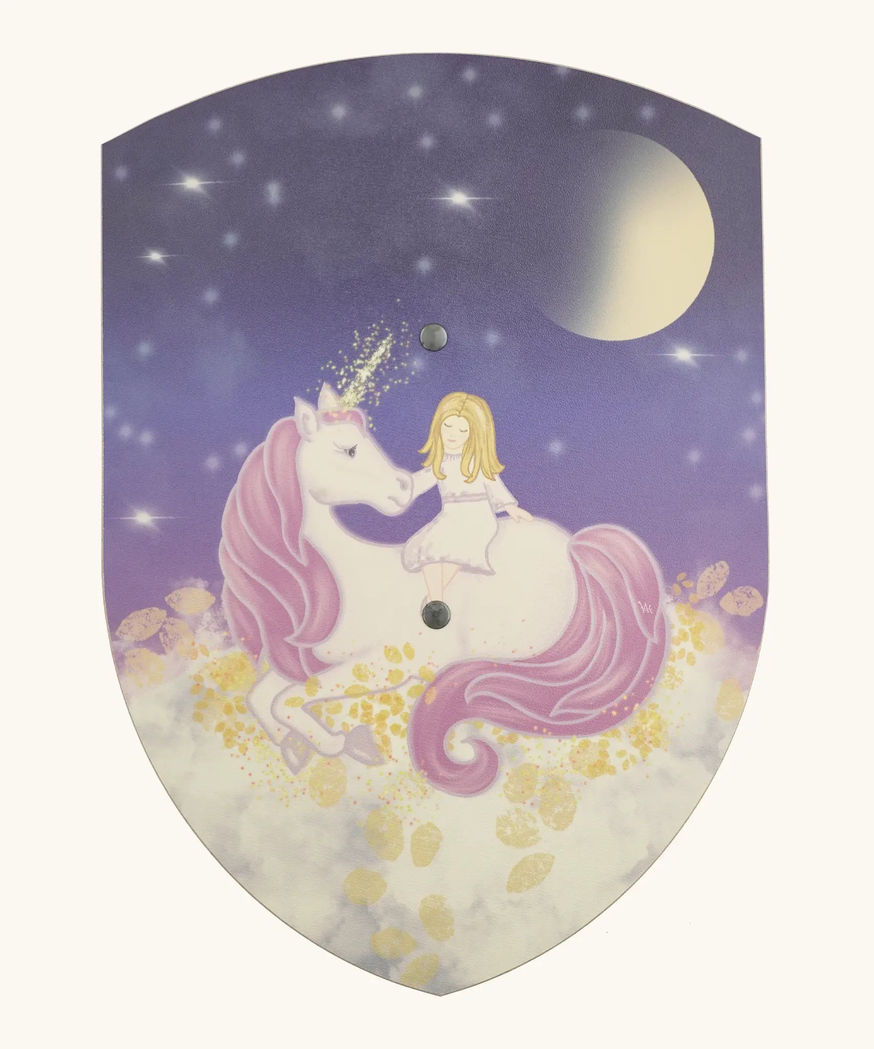 Vah wooden Luna curved shield showing a white unicorn on clouds with a girl on top under a starry night