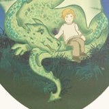 Illustration of a green dragon and boy sitting on the tail under a starry night on the Vah wooden Mika shield