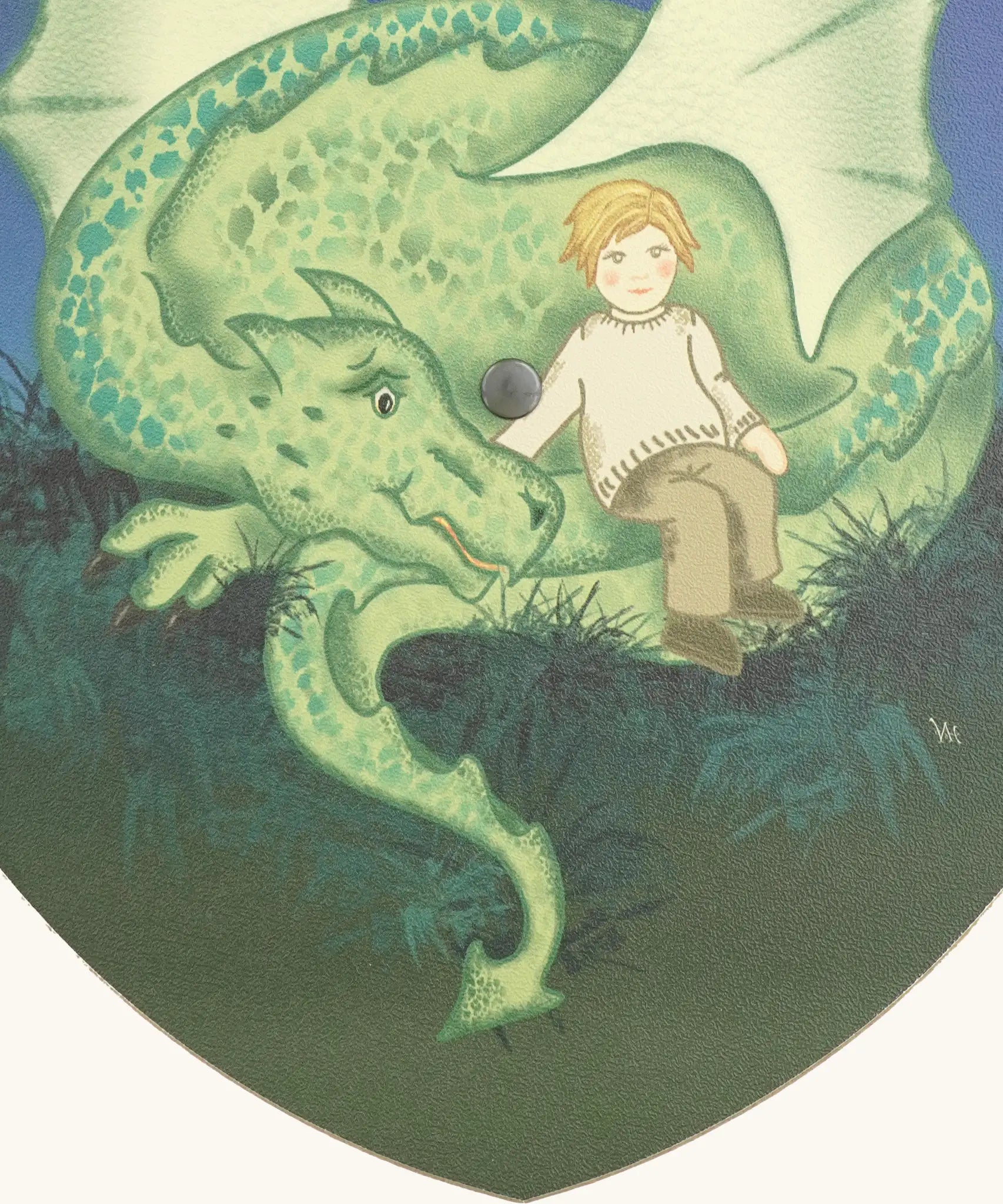 Illustration of a green dragon and boy sitting on the tail under a starry night on the Vah wooden Mika shield