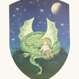 Vah wooden Mika curved shield with a illustration of a green dragon and boy sitting on the tail under a starry night
