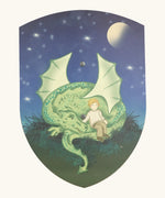 Vah wooden Mika curved shield with a illustration of a green dragon and boy sitting on the tail under a starry night
