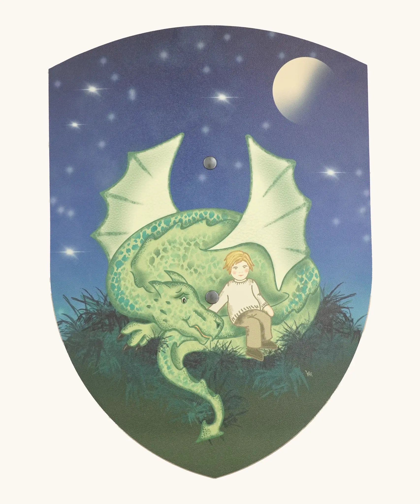 Vah wooden Mika curved shield with a illustration of a green dragon and boy sitting on the tail under a starry night