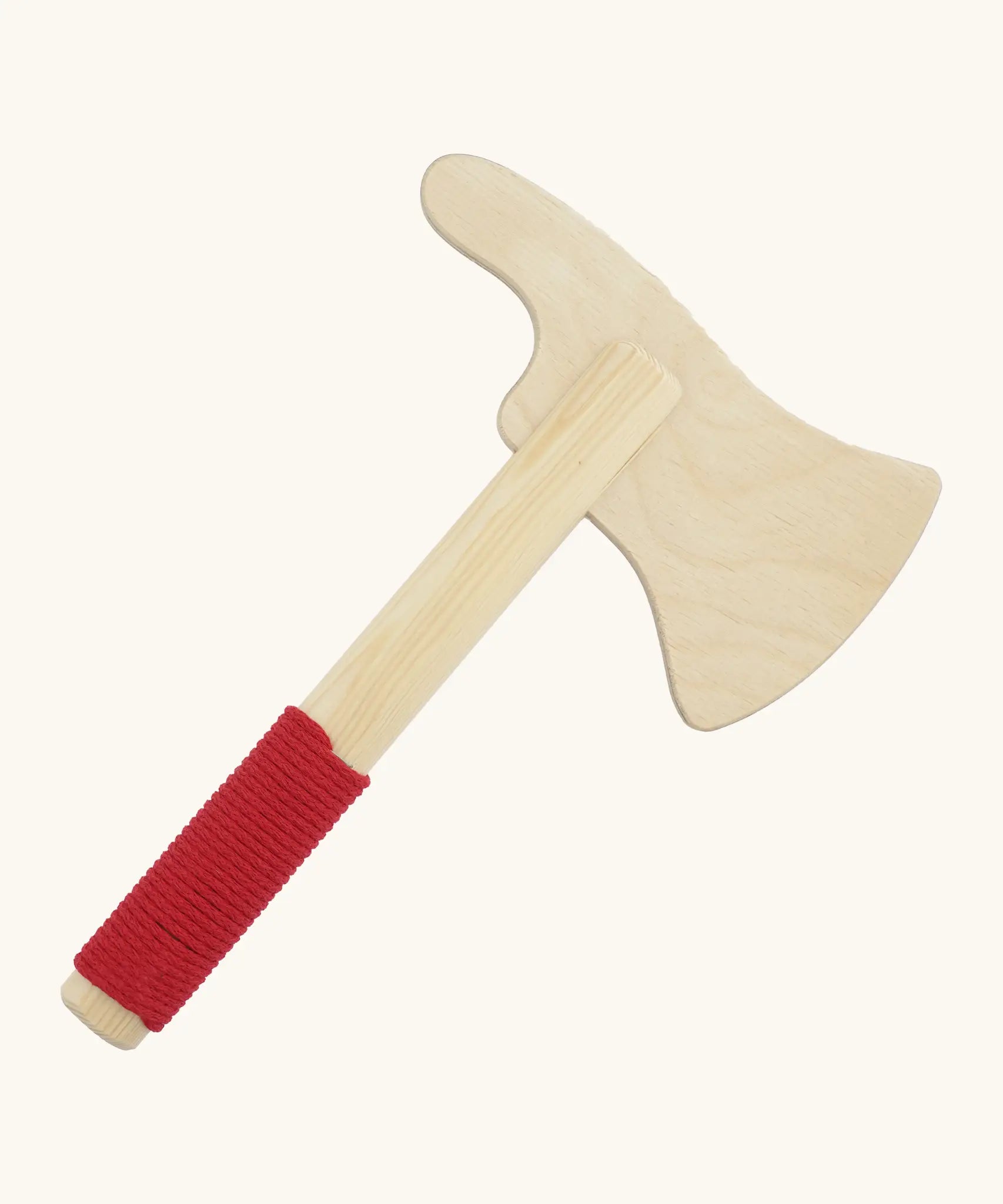 Vah wooden mini axe showing a red cord handle for grip 