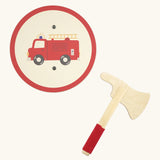 Vah wooden mini shield and axe set, shield showing a image of a red fire engine, axe has a red cord around the handle
