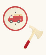 Vah wooden mini shield and axe set, shield showing a image of a red fire engine, axe has a red cord around the handle