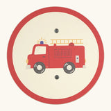 Vah wooden mini Sam shield showing a red fire engine and red rim