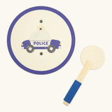 Vah wooden mini shield and batton set, shield showing a image of a blue police car, batton has a blue cord around the handle