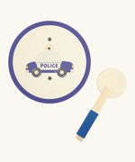 Vah wooden mini shield and batton set, shield showing a image of a blue police car, batton has a blue cord around the handle