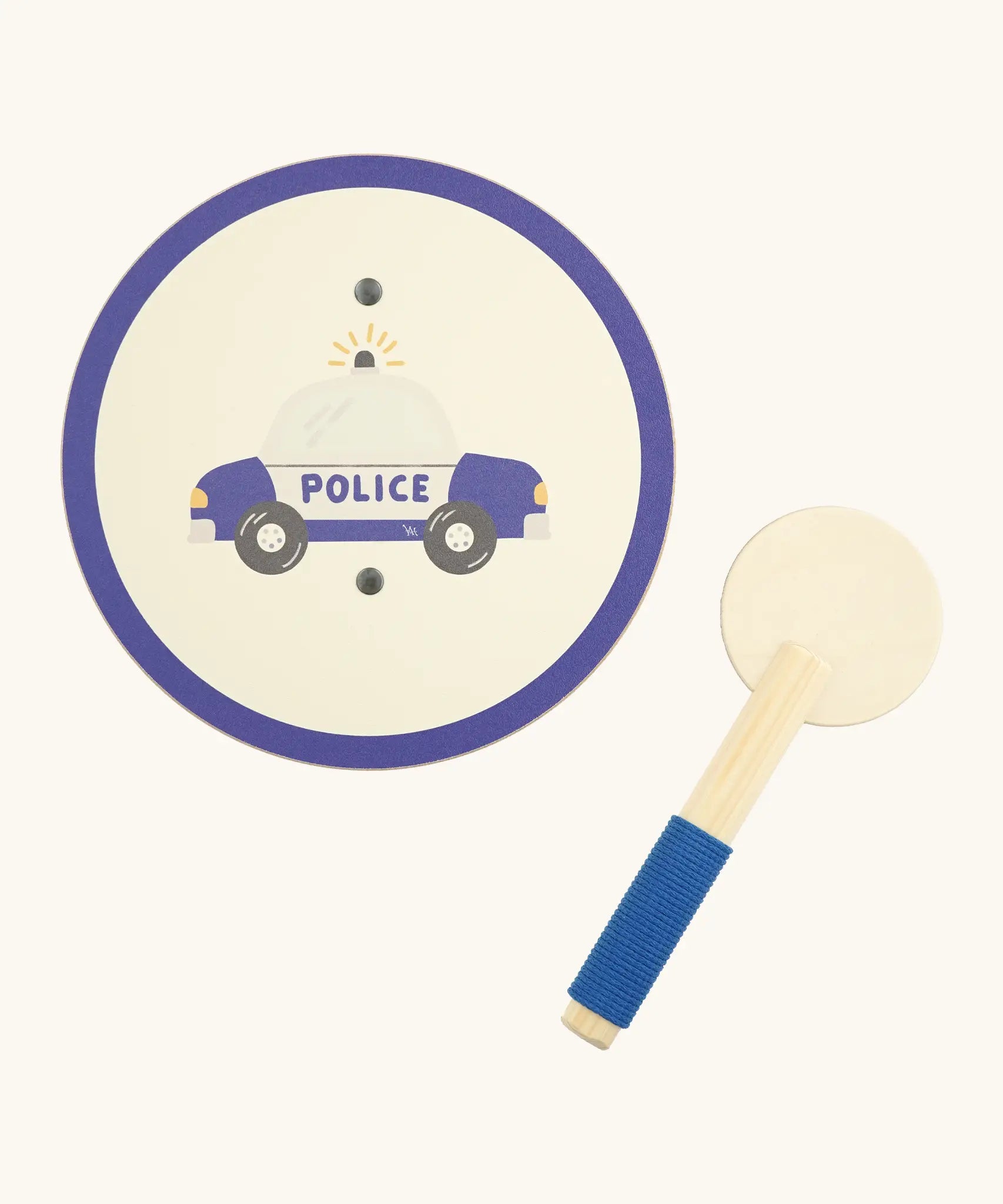 Vah wooden mini shield and batton set, shield showing a image of a blue police car, batton has a blue cord around the handle