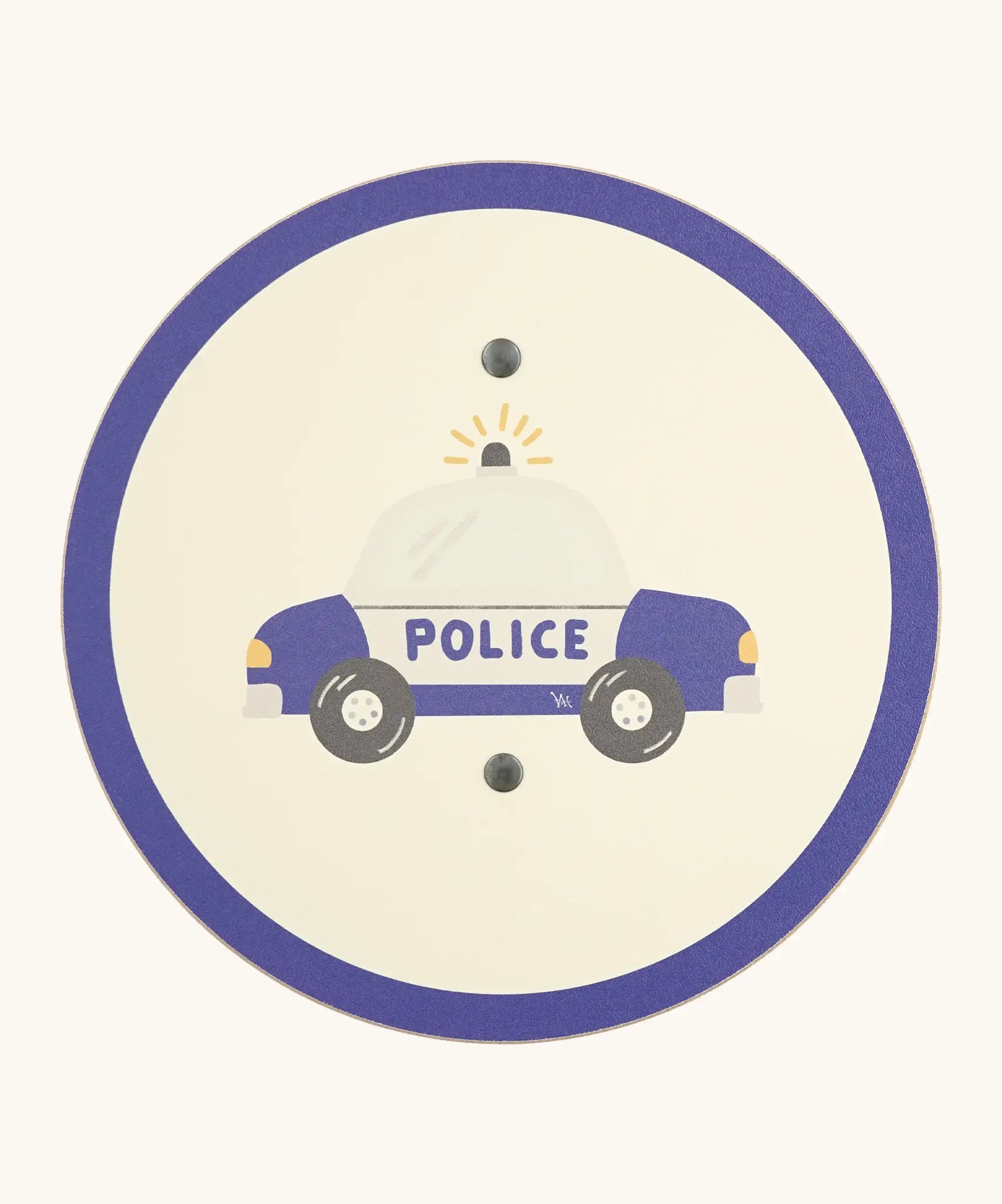 Vah wooden mini Tom traffic shield showing a blue police car and rim