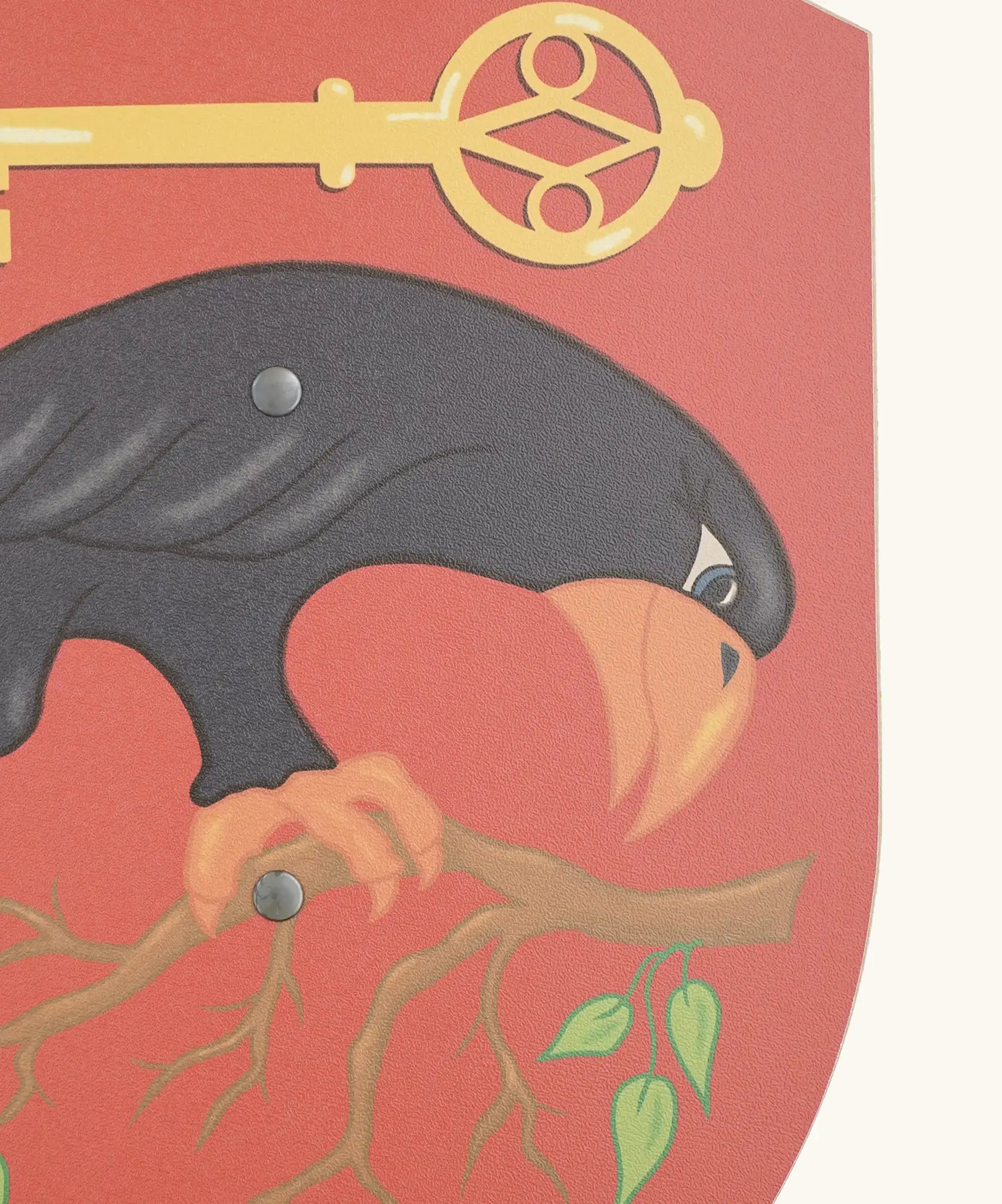 Illustration of a raven on the red Vah corvus wooden shield