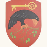 Vah wooden Corvus shield in red with a raven on a branch and yellow key