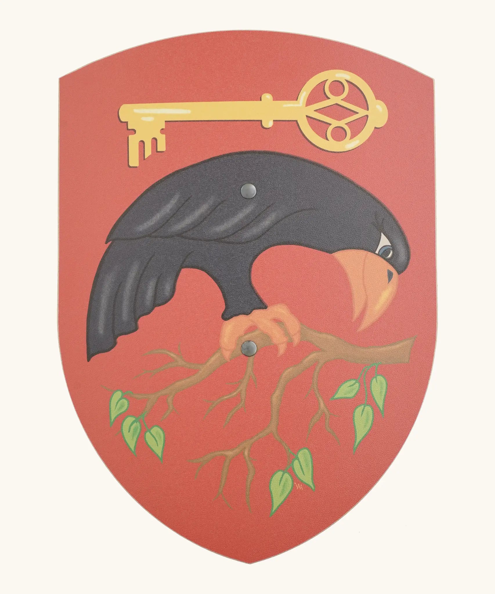 Vah wooden Corvus shield in red with a raven on a branch and yellow key