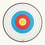 Vah wooden round sports target showing a white, blue , red and yellow rings for points