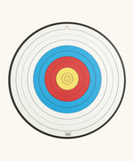 Vah wooden round sports target showing a white, blue , red and yellow rings for points