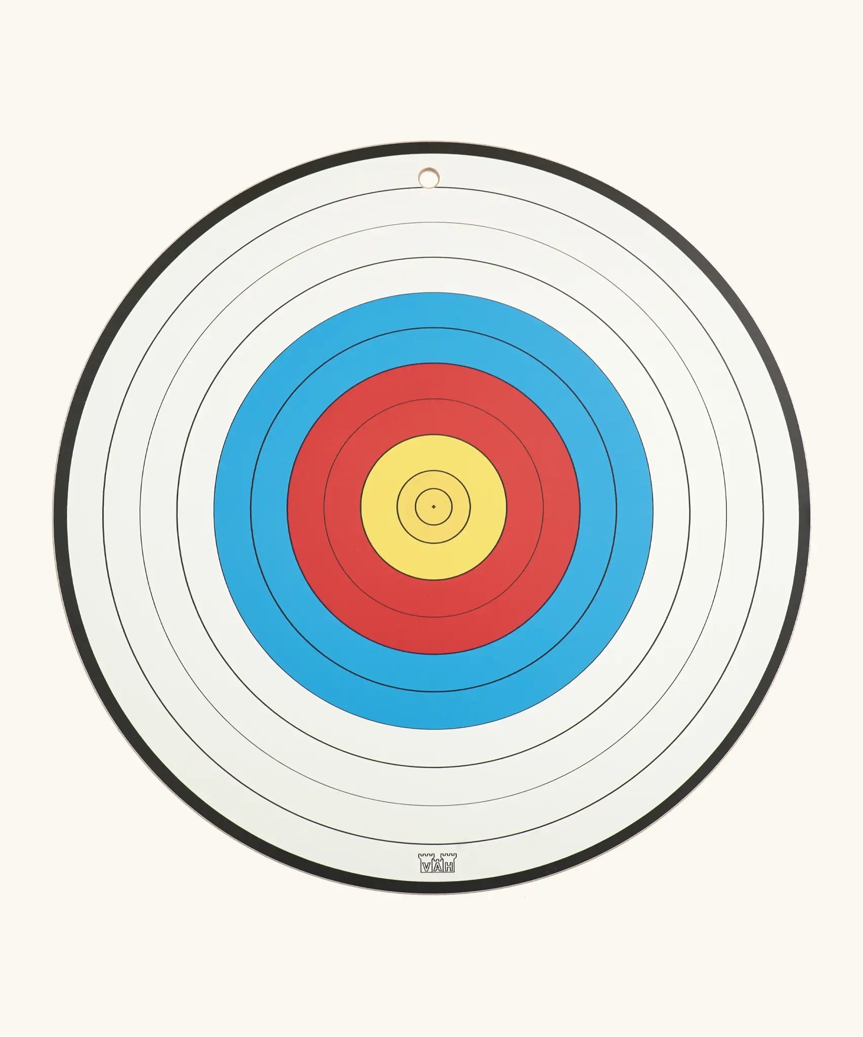 Vah wooden round sports target showing a white, blue , red and yellow rings for points