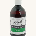 Violets 500ml washing up liquid in citrus fragrance in a brown tinted bottle and white cap